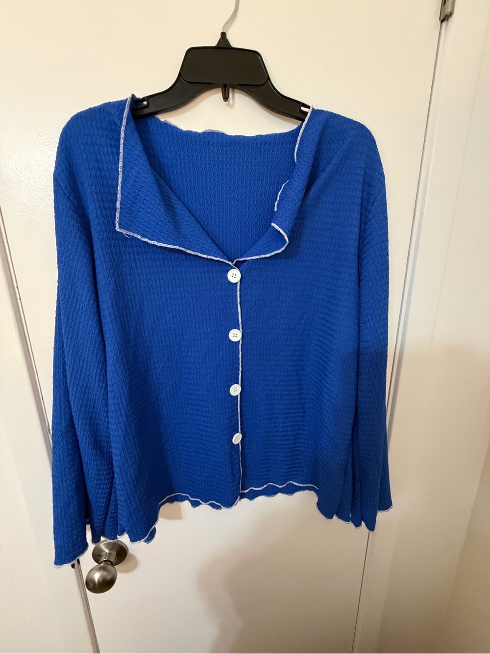 SHEIN Royal Blue Button-Front Knit Cardigan with White Trim